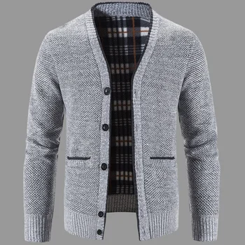 Зимний Толстый теплый кардиган, Мужской осенний флисовый свитер, Полосатый свитер с V-образным вырезом, Верхняя одежда, пальто, Вязаная мужская модная одежда - Изображение 1  