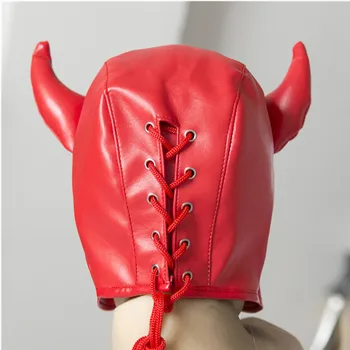 БДСМ Шляпа-маска из искусственной кожи с бычьим рогом, мужские и женские товары для взрослых, секс-игрушки - Изображение 2  
