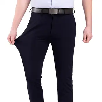 Брендовые летние брюки для делового костюма с высокой эластичностью, мужские тонкие однотонные прямые повседневные официальные офисные брюки, мужские большие размеры - Изображение 1  