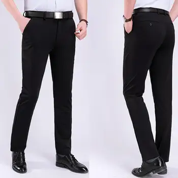 Брендовые летние брюки для делового костюма с высокой эластичностью, мужские тонкие однотонные прямые повседневные официальные офисные брюки, мужские большие размеры - Изображение 2  