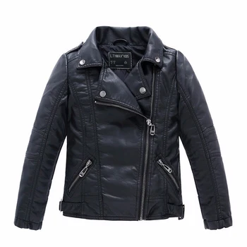Модные Классические мотоциклетные кожаные куртки для девочек и мальчиков черного цвета, детское пальто на весну-осень от 2 до 14 лет - Изображение 1  