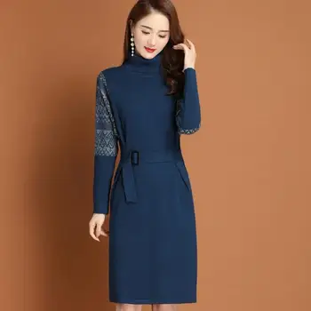 Зимнее платье, водолазка, однотонная вязка, теплые сексуальные вечерние платья с длинным рукавом, облегающие платья для женщин, темно-синее платье-свитер с запахом, B169 - Изображение 1  