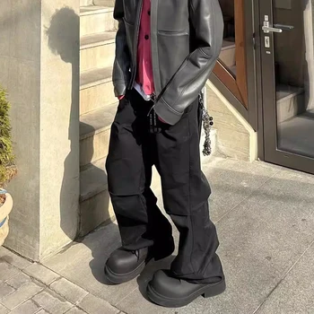 Уличная одежда, Широкие черные плиссированные брюки Унисекс, прямые мешковатые повседневные брюки Y2K, мужские свободные расклешенные брюки оверсайз с рюшами - Изображение 1  