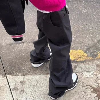 Уличная одежда, Широкие черные плиссированные брюки Унисекс, прямые мешковатые повседневные брюки Y2K, мужские свободные расклешенные брюки оверсайз с рюшами - Изображение 2  