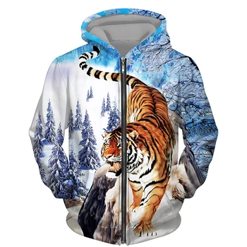 Уличная толстовка с капюшоном с 3D принтом тигра, спортивное пальто, пуловер, модная толстовка с капюшоном большого размера с длинным рукавом, куртка на молнии, мужские толстовки - Изображение 1  