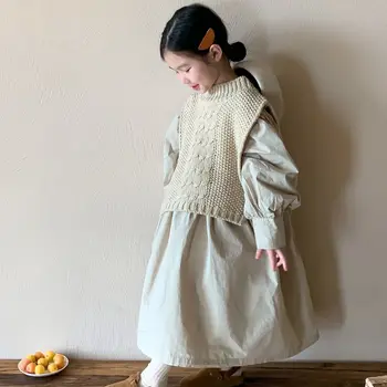 Платье для маленьких девочек 2023, Осенняя новая Детская бутик-одежда, Корейский однотонный рукав с пузырями, Свободный длинный вязаный универсальный костюм трапециевидной формы - Изображение 1  