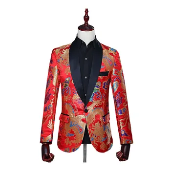 Мужской Блейзер в китайском стиле с цветочным рисунком и воротником-шалью, красный пиджак с рисунком дракона - Изображение 1  
