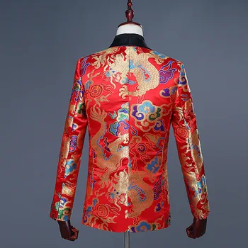 Мужской Блейзер в китайском стиле с цветочным рисунком и воротником-шалью, красный пиджак с рисунком дракона - Изображение 2  