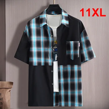 Летние рубашки с коротким рукавом в стиле пэчворк, мужские рубашки размера плюс 10XL 11XL, уличная одежда в стиле хип-хоп, мужская рубашка в клетку. - Изображение 1  