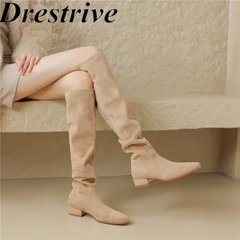 Drestrive 2023, Классические женские сапоги до колена, круглый носок, Замша на толстом низком каблуке, Высококачественная зимняя обувь ручной работы - Изображение 1  