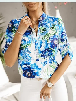 Летняя женская блузка с принтом, Модная Повседневная Элегантная офисная рубашка с коротким рукавом, 2023, Новые топы, рубашки - Изображение 1  