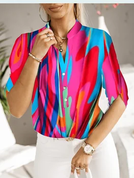 Летняя женская блузка с принтом, Модная Повседневная Элегантная офисная рубашка с коротким рукавом, 2023, Новые топы, рубашки - Изображение 2  