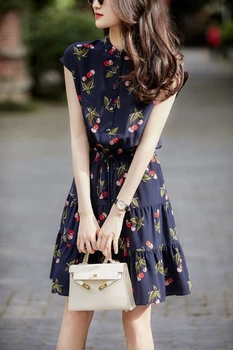 Шелковое платье на шнуровке с французским вишневым принтом на плечах и рукавах 2023 модная женская одежда - Изображение 1  