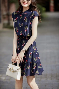 Шелковое платье на шнуровке с французским вишневым принтом на плечах и рукавах 2023 модная женская одежда - Изображение 2  