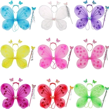 Детская повязка на голову с бабочкой, крылья, палочка, комплект из 3 предметов, Летняя одежда для фотосъемки для девочек, Детский Желтый Зеленый Фиолетовый Розовый реквизит для сказки - Изображение 1  