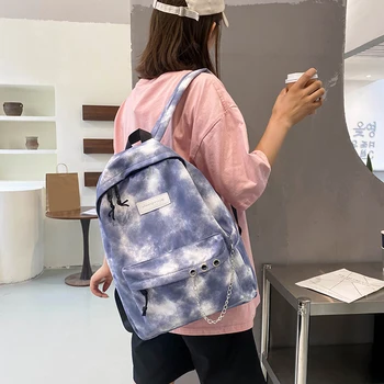 Повседневные школьные сумки Tie Dye, рюкзак с градиентной цепочкой, женские школьные рюкзаки большой емкости, многослойные карманы для студентов колледжа - Изображение 2  