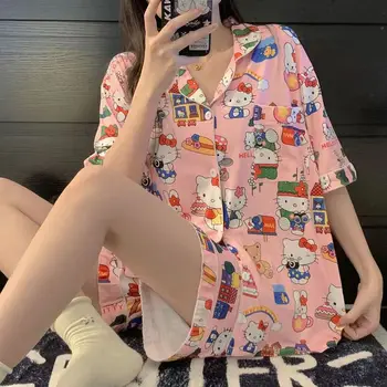 Пижама Kawaii Sanrio Hello Kitty Kuromi Cinnamoroll, Рубашка из 2 предметов, Милые Летние Пижамы, Аниме, Подарок Для Милых Девочек, Модная Мягкая - Изображение 1  