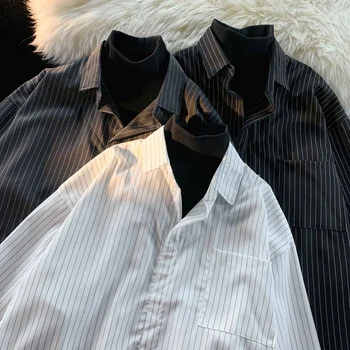 2023 Мужская полосатая рубашка с высоким воротом, поддельная рубашка из двух частей с длинными рукавами, модный тренд, повседневный воротник с лацканами, 3 Цветные рубашки - Изображение 1  