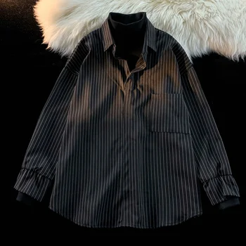 2023 Мужская полосатая рубашка с высоким воротом, поддельная рубашка из двух частей с длинными рукавами, модный тренд, повседневный воротник с лацканами, 3 Цветные рубашки - Изображение 2  