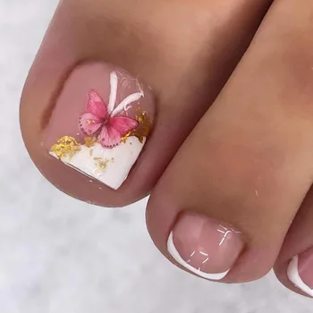 24шт Белых французских накладных ногтей на пальцах ног, накладных ногтей на пальцах ног с милой розовой бабочкой, пригодных для носки, с полным покрытием, наклеивающихся на кончики ногтей на пальцах ног для девочек - Изображение 1  