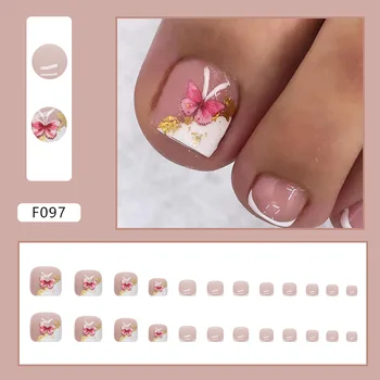 24шт Белых французских накладных ногтей на пальцах ног, накладных ногтей на пальцах ног с милой розовой бабочкой, пригодных для носки, с полным покрытием, наклеивающихся на кончики ногтей на пальцах ног для девочек - Изображение 2  