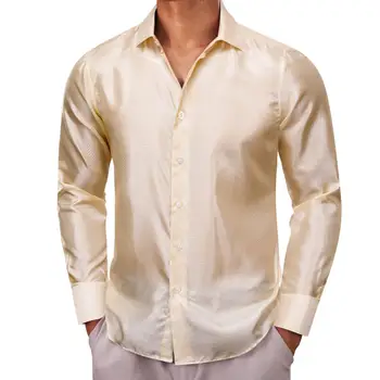 Роскошные Мужские Рубашки Silk Gold Beighe Solid Plain С Длинным Рукавом Slim Fit, Мужские Блузки, Топы Brtathable Barry Wang - Изображение 1  
