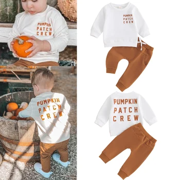 FOCUSNORM/ Комплекты одежды для Хэллоуина для маленьких мальчиков от 0 до 3 лет, 2 шт., толстовка с длинным рукавом и буквенным принтом + штаны, комплект - Изображение 1  