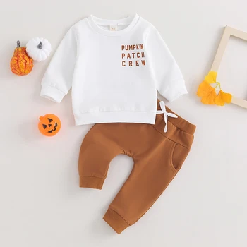 FOCUSNORM/ Комплекты одежды для Хэллоуина для маленьких мальчиков от 0 до 3 лет, 2 шт., толстовка с длинным рукавом и буквенным принтом + штаны, комплект - Изображение 2  