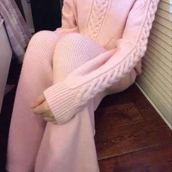 Женский осенне-зимний комплект в новом стиле для подиума, свитер с конопляным узором + модные широкие брюки, костюм-двойка - Изображение 2  