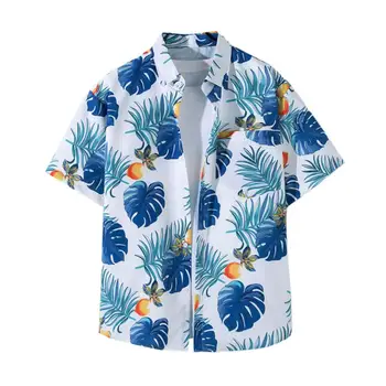 Мужская рубашка, Повседневный лацкан, Короткий рукав, застежка на пуговицы, Мужская рубашка, Летняя Тонкая гавайская пляжная рубашка с цветочным принтом и листьями, Уличная одежда - Изображение 2  