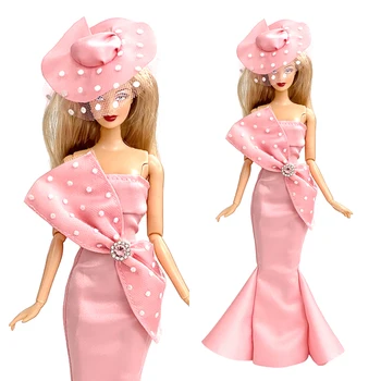NK Official, 1 комплект, Благородное розовое платье, Великолепная Газовая шляпа с бантом для вечеринки, платье для куклы Барби, 1/6 Игрушечной одежды - Изображение 1  