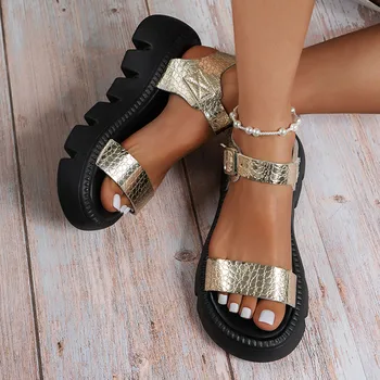 Сандалии в римском стиле, женские летние однотонные кожаные сандалии с открытым носком и пряжкой на толстой подошве, уличные нескользящие тапочки с крючками-петлями - Изображение 1  