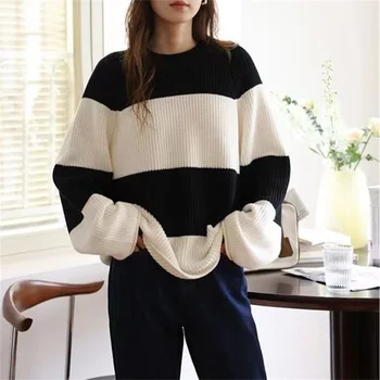 Французский ленивый свитер, Новый женский топ с длинными рукавами, свободный трикотаж в корейском зарубежном стиле - Изображение 1  
