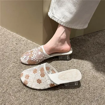 Обувь для женщин 2023, Летние Сетчатые Дышащие Женские тапочки с этнической вышивкой, Тапочки с закрытым носком, Удобные сандалии на квадратном каблуке - Изображение 1  