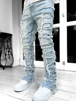 Европейская и американская уличная мода новые мужские джинсовые брюки с прямыми штанинами популярные джинсовые брюки с эластичными вставками с прямыми штанинами - Изображение 1  