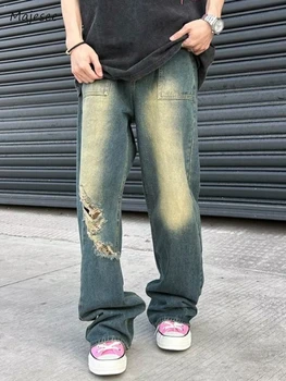 Широкие джинсы для мужчин, повседневные дышащие Летние Свободные унисекс В американском стиле, застиранные потертые Ретро-винтажные универсальные брюки бойфренда - Изображение 1  