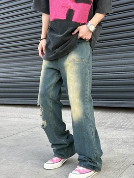 Широкие джинсы для мужчин, повседневные дышащие Летние Свободные унисекс В американском стиле, застиранные потертые Ретро-винтажные универсальные брюки бойфренда - Изображение 2  