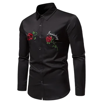 Мужская ковбойская рубашка в западном стиле, рубашки на пуговицах с длинным рукавом, стильная рубашка с вышивкой в виде черной розы, Мужские Camisas Hombre XXL - Изображение 1  