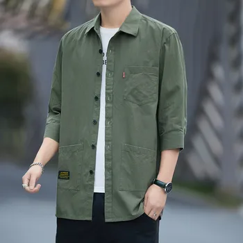 Летняя мужская повседневная рубашка с рукавом три четверти из модного 100% хлопка, тонкое молодежное однотонное модное пальто с карманами, уличная одежда в корейском стиле - Изображение 1  