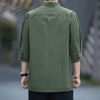 Летняя мужская повседневная рубашка с рукавом три четверти из модного 100% хлопка, тонкое молодежное однотонное модное пальто с карманами, уличная одежда в корейском стиле - Изображение 2  