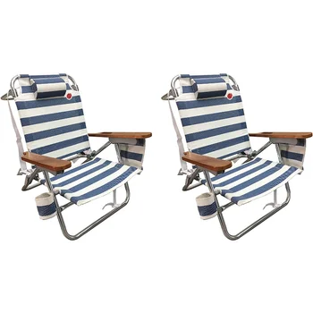 OmniCore Designs (2 упаковки) 5-позиционный алюминиевый пляжный стул - Синие / белые пляжные стулья Stipe, складной стул, переносной стул - Изображение 1  