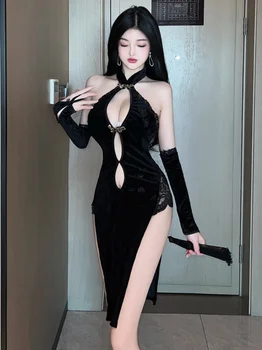 Летнее женское платье в китайском стиле, сексуальное платье с открытой спиной и высоким разрезом, искушение, ретро, с открытой кружевной шеей, однотонное платье R76G - Изображение 1  