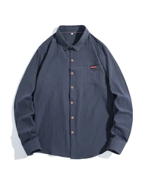 Хлопчатобумажная рубашка с длинными рукавами, Японские однотонные мужские рубашки, мужские блузки Оверсайз 2023, осенняя повседневная одежда большого размера - Изображение 1  