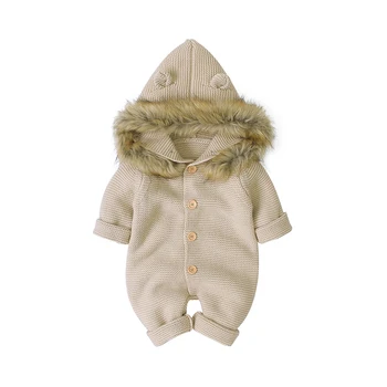 Классические однотонные трикотажные акриловые комбинезоны с длинными рукавами и пушистым капюшоном для мальчиков и девочек, Мягкие комбинезоны для новорожденных, пижамная одежда для младенцев - Изображение 1  