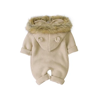 Классические однотонные трикотажные акриловые комбинезоны с длинными рукавами и пушистым капюшоном для мальчиков и девочек, Мягкие комбинезоны для новорожденных, пижамная одежда для младенцев - Изображение 2  