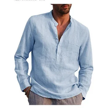 Летняя Новая повседневная мужская рубашка свободного кроя с длинным рукавом, Модный мужской топ с V-образным вырезом, дышащие хлопковые пеньковые мужские пляжные рубашки - Изображение 1  