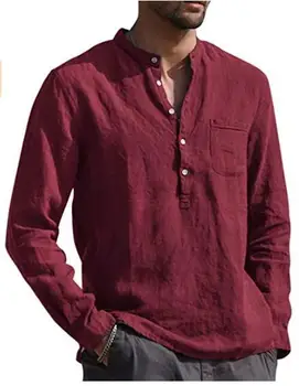Летняя Новая повседневная мужская рубашка свободного кроя с длинным рукавом, Модный мужской топ с V-образным вырезом, дышащие хлопковые пеньковые мужские пляжные рубашки - Изображение 2  