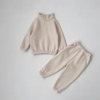 Детская корейская одежда, новый комплект для мальчиков и девочек, свитер со стоячим вырезом на молнии, леггинсы и повседневный комплект из флиса - Изображение 1  