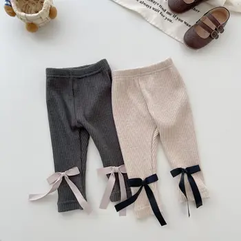 Miniaini, осень-весна, Новые детские хлопчатобумажные брюки с бантиком, леггинсы в полоску для девочек, детские Универсальные облегающие брюки, одежда - Изображение 1  