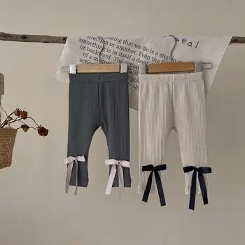 Miniaini, осень-весна, Новые детские хлопчатобумажные брюки с бантиком, леггинсы в полоску для девочек, детские Универсальные облегающие брюки, одежда - Изображение 2  